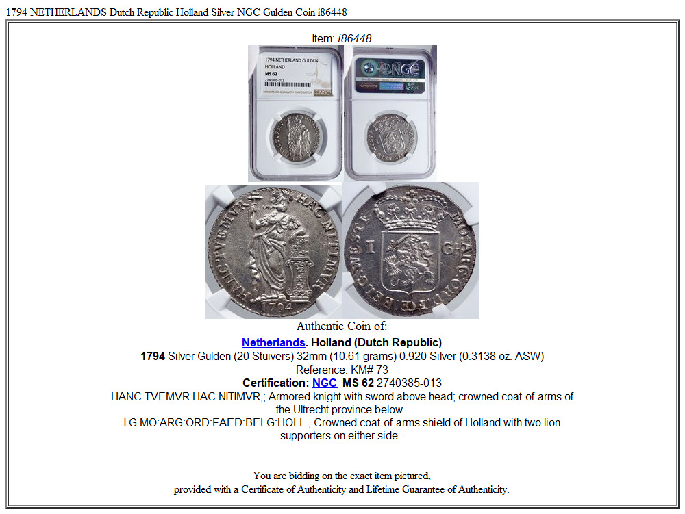 1794 NETHERLANDS Dutch Republic Holland ANTIQUE Silver Gulden Coin NGC i86448