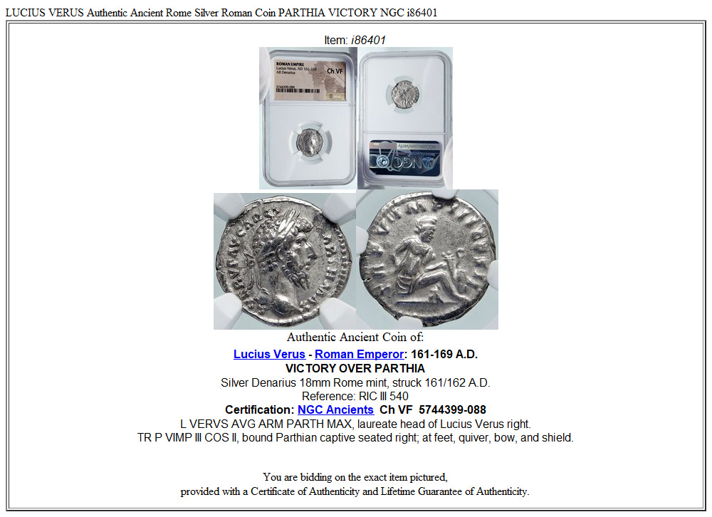 LUCIUS VERUS Authentic Ancient Rome Silver Roman Coin PARTHIA VICTORY NGC i86401