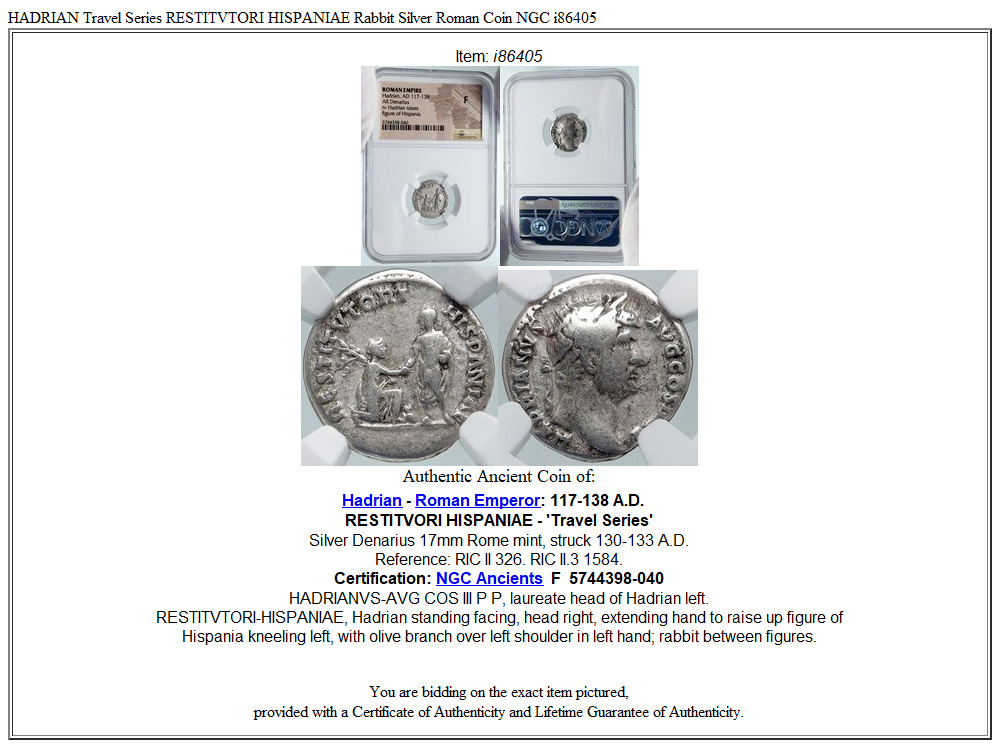 HADRIAN Travel Series RESTITVTORI HISPANIAE Rabbit Silver Roman Coin NGC i86405