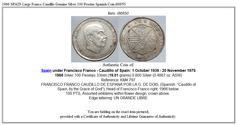 1966 SPAIN Large Franco Caudillo Genuine Silver 100 Pesetas Spanish Coin i86850