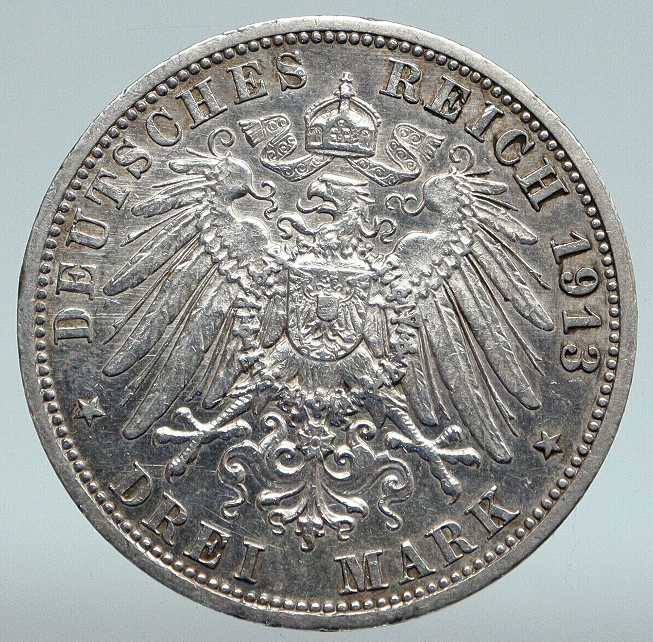 1913A GERMANY GERMAN STATES PRUSSIA WILHELM II Antique Silver 3 Mark Coin i89359