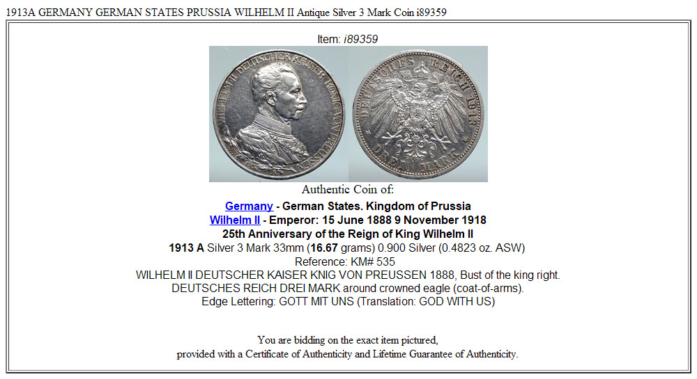 1913A GERMANY GERMAN STATES PRUSSIA WILHELM II Antique Silver 3 Mark Coin i89359