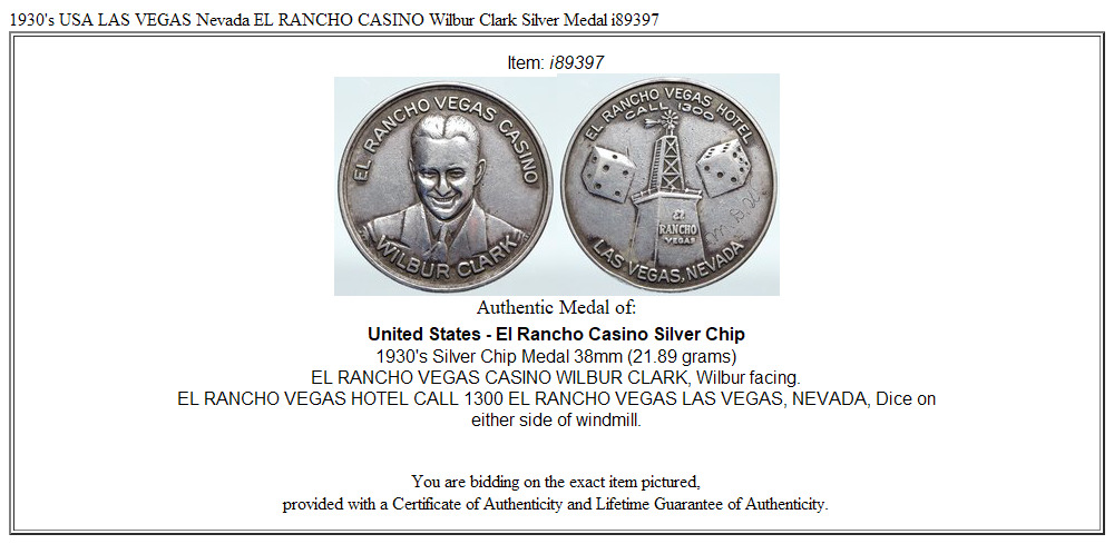 1930's USA LAS VEGAS Nevada EL RANCHO CASINO Wilbur Clark Silver Medal i89397