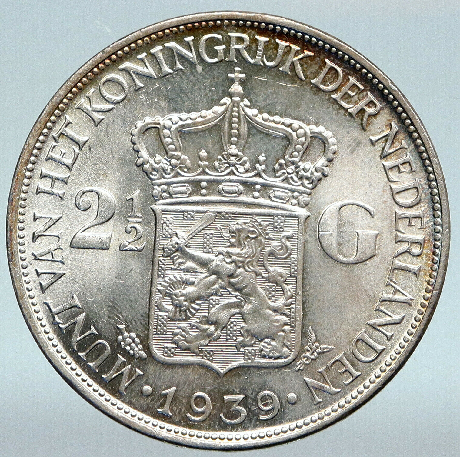 1939 Netherlands Kingdom Queen WILHELMINA 2 1/2 Gulden BIG Silver Coin i89399