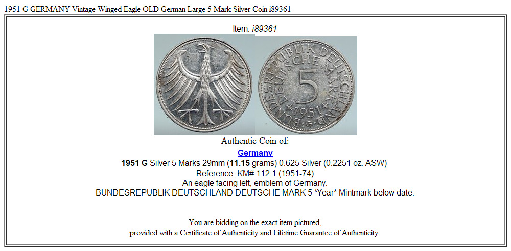 1951 G GERMANY Vintage Winged Eagle OLD German Large 5 Mark Silver Coin i89361