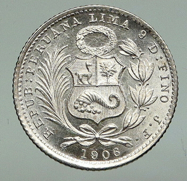 1906JF PERU South America VINTAGE ANTIQUE OLD Liberty Silver Dinero Coin i92253