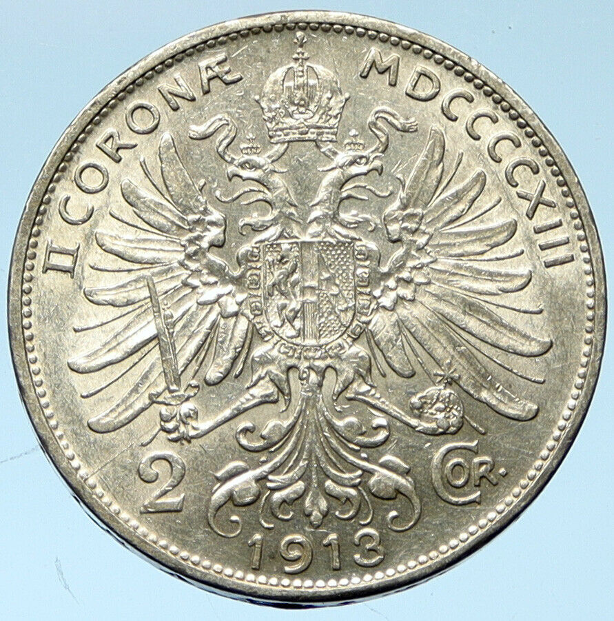 1913 AUSTRIA KING FRANZ JOSEPH I Eagle Antique OLD Silver 2 Corona Coin i102756