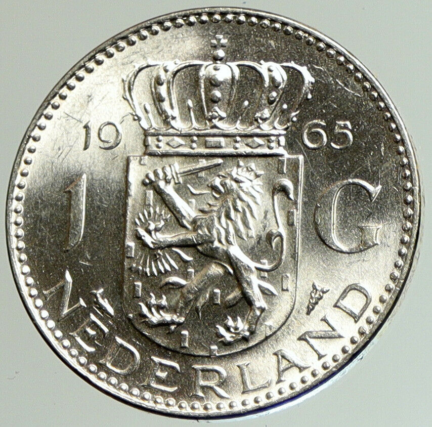 1965 NETHERLANDS Kingdom Queen JULIANA Vintage OLD Silver 1 Gulden Coin i105189