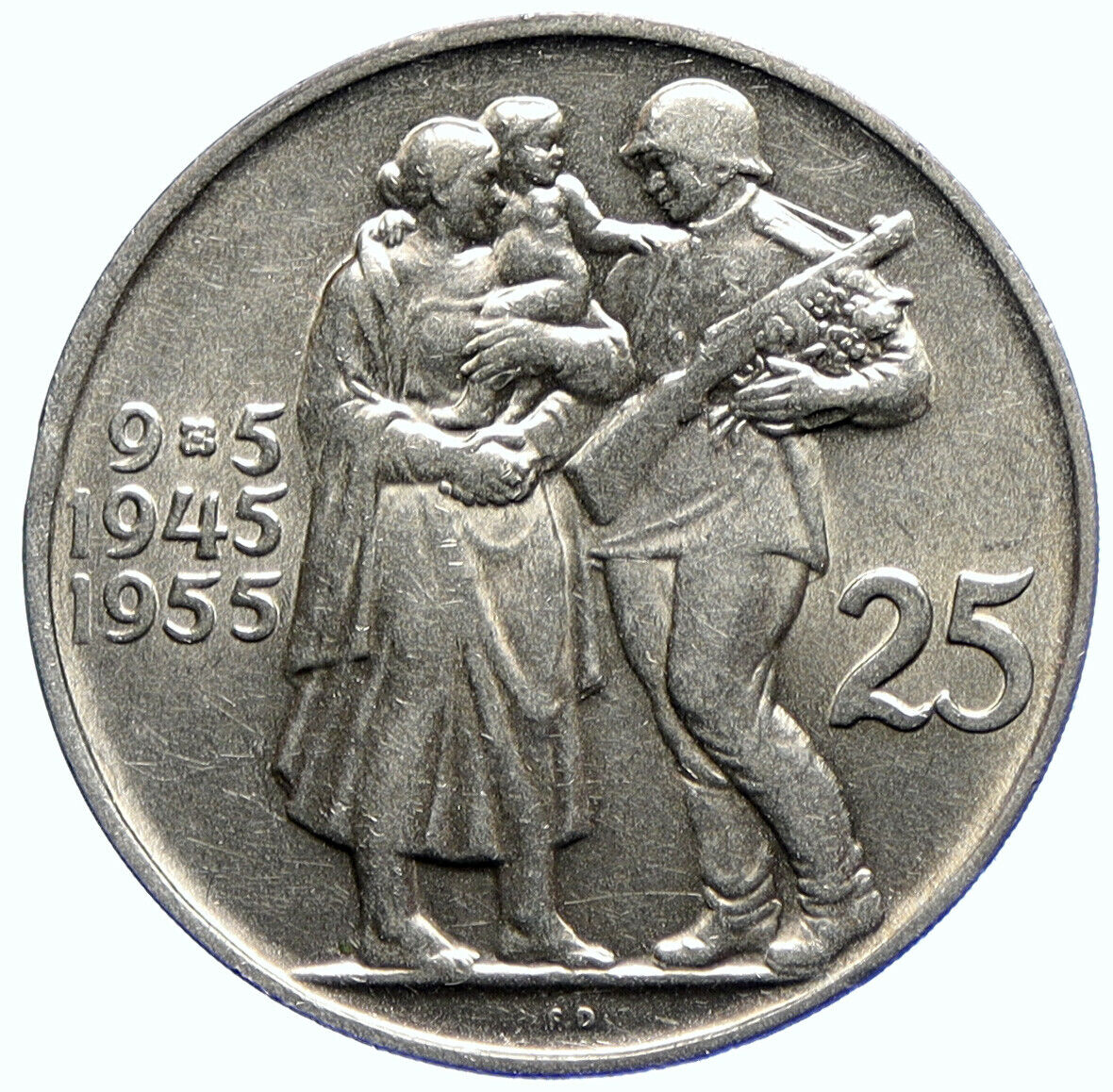 1955 CZECHOSLOVAKIA Czech Soldier Family LIBERATION Silver 25 Korun Coin i104748