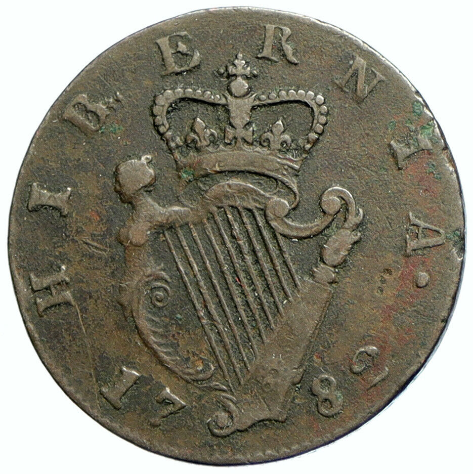 1782 IRELAND UK King George III Antique Lyre VINTAGE OLD 1/2 Penny Coin i105515