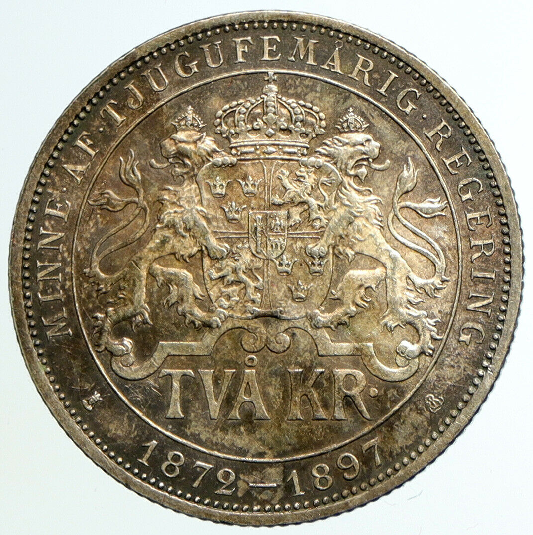 1897 SWEDEN King Oscar II Shield ANTIQUE SWEDISH Silver 2 Kronor Coin i105516