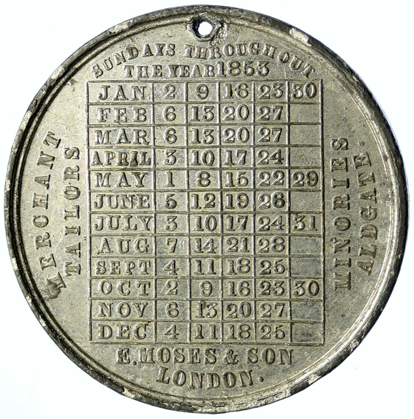 1853 Great Britain UK Merchant CALENDAR Wellington E MOSES SON Old Medal i104680