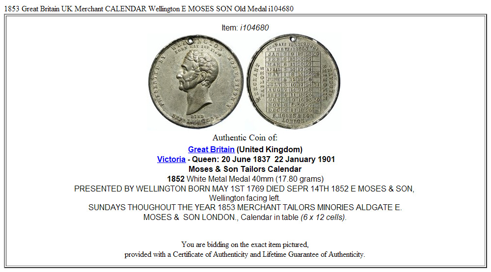 1853 Great Britain UK Merchant CALENDAR Wellington E MOSES SON Old Medal i104680