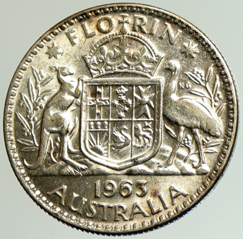 1963 AUSTRALIA - UK Queen Elizabeth II SILVER FLORIN Coat-of-Arms Coin i105196