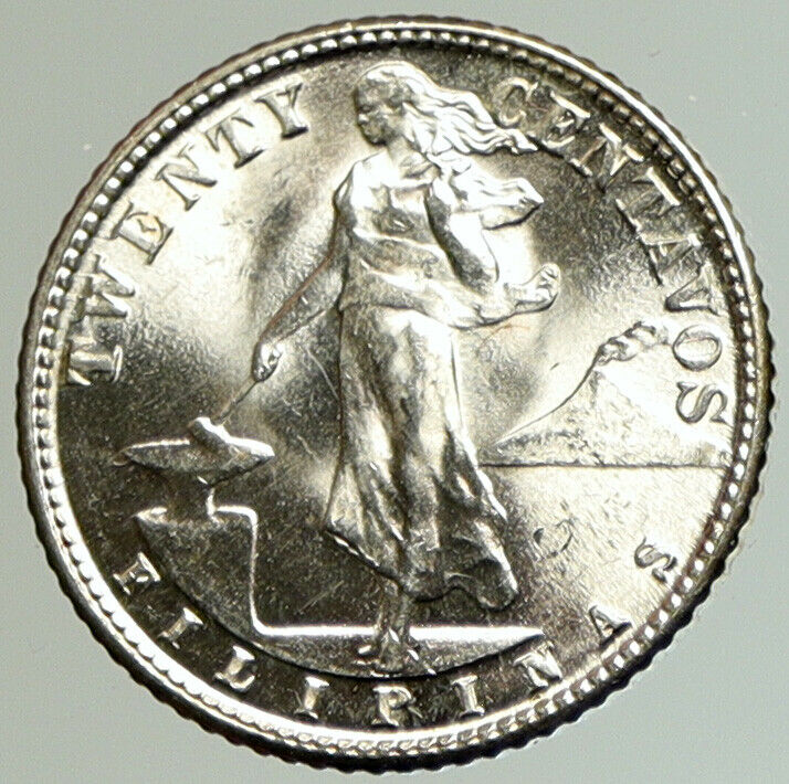 1945 D PHILIPPINES Under US Administration Eagle Silver 20 Centavos Coin i105224