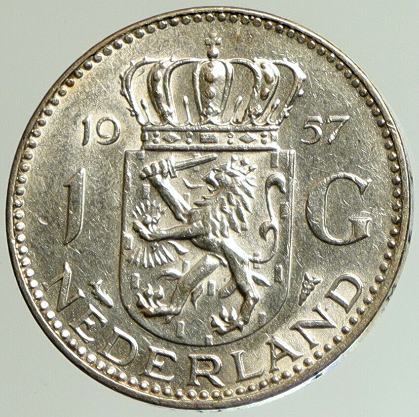 1957 NETHERLANDS Kingdom Queen JULIANA Vintage OLD Silver 1 Gulden Coin i105204