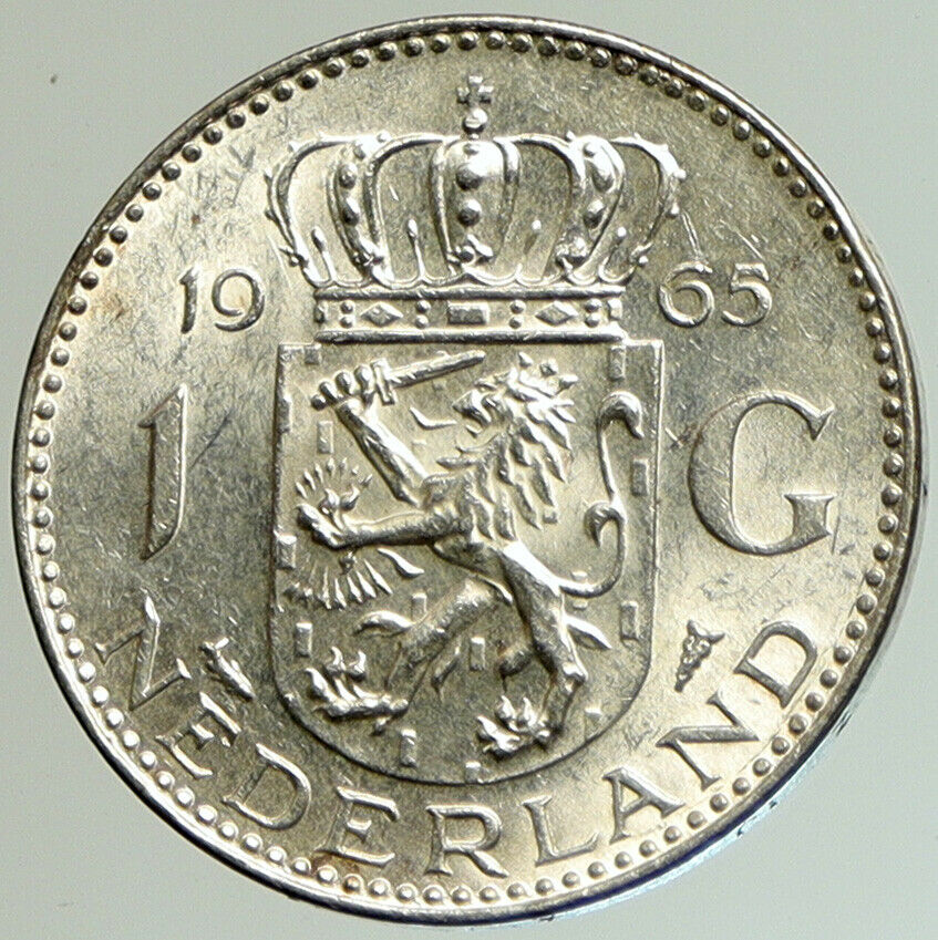 1965 NETHERLANDS Kingdom Queen JULIANA Vintage OLD Silver 1 Gulden Coin i105212