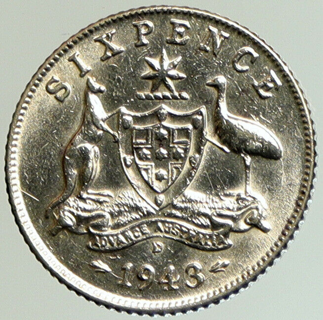 1943 D AUSTRALIA King George VI Kangaroos Antique Silver Sixpence Coin i105213