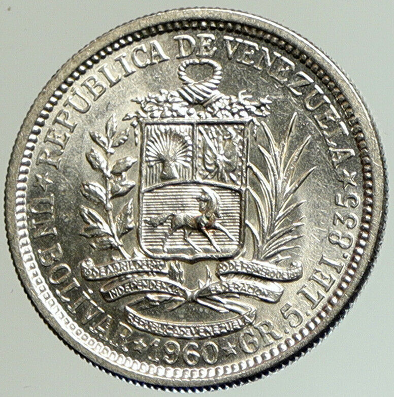 1960 Freemason President Simon Bolivar VENEZUELA 1 Bolivar Silver Coin i105216