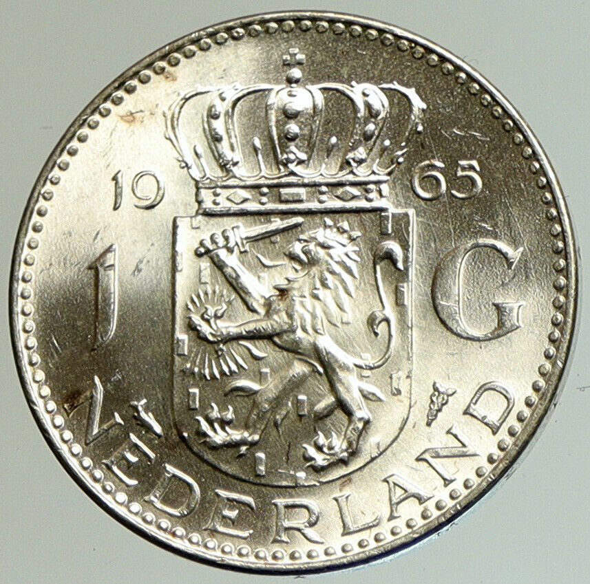 1965 NETHERLANDS Kingdom Queen JULIANA Vintage OLD Silver 1 Gulden Coin i105225