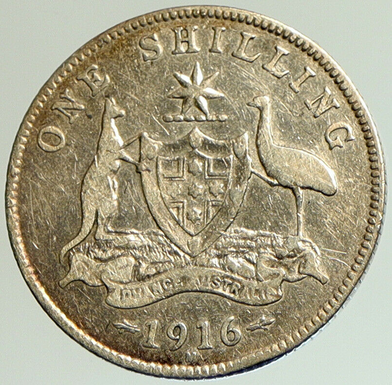 1916 M AUSTRALIA UK King George V KANGAROO Antique Silver Shilling Coin i105217