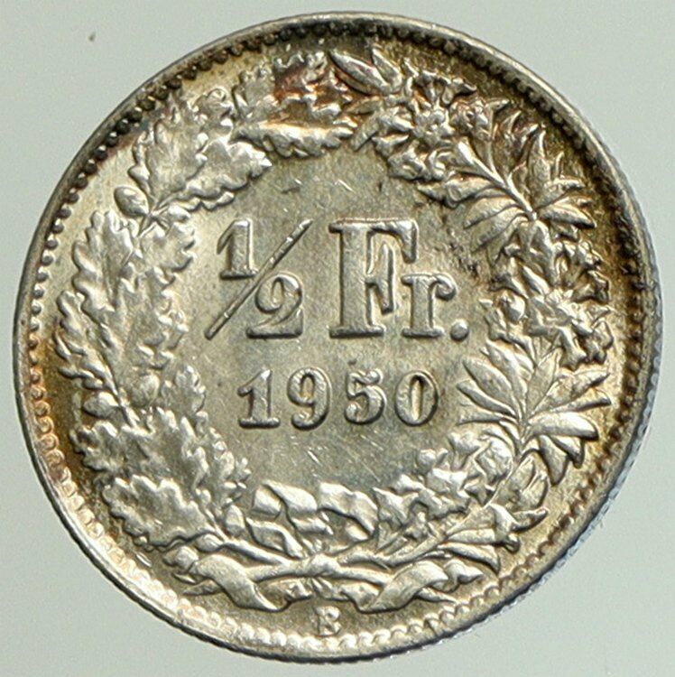 1950B SWITZERLAND HELVETIA Symbolizes SWISS Nation SILVER 1/2 Franc Coin i105191