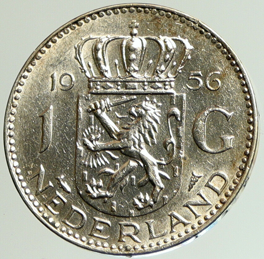 1956 NETHERLANDS Kingdom Queen JULIANA Vintage OLD Silver 1 Gulden Coin i105199