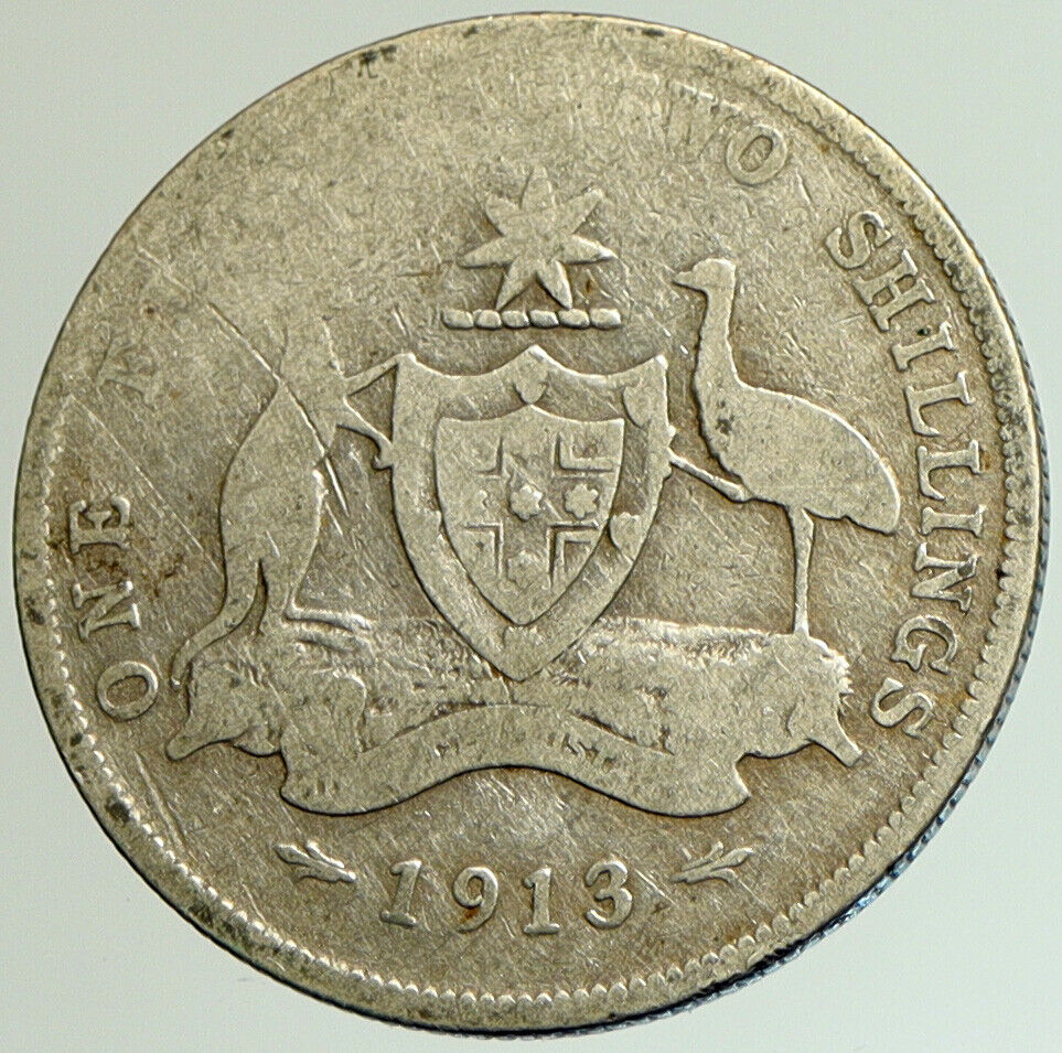 1913 AUSTRALIA UK King George V COAT OF ARMS Vintage Silver Florin Coin i105198