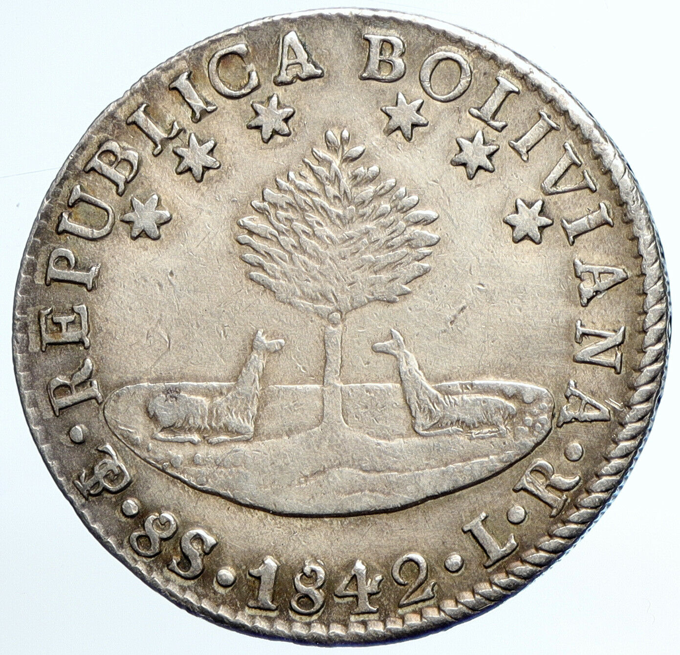 1842 BOLIVIA Antique SIMON BOLIVAR ALPACAS Authentic Silver 8 Soles Coin i107608