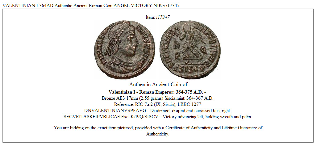 VALENTINIAN I 364AD Authentic Ancient Roman Coin ANGEL VICTORY NIKE i17347