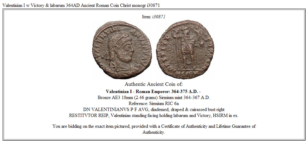 Valentinian I w Victory & labarum 364AD Ancient Roman Coin Christ monogr i30871