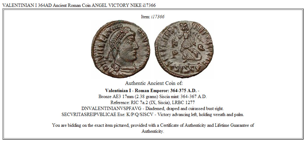 VALENTINIAN I 364AD Ancient Roman Coin ANGEL VICTORY NIKE i17366