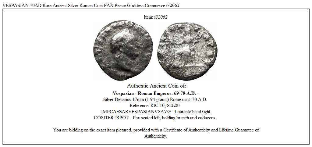 VESPASIAN 70AD Rare Ancient Silver Roman Coin PAX Peace Goddess Commerce i32062