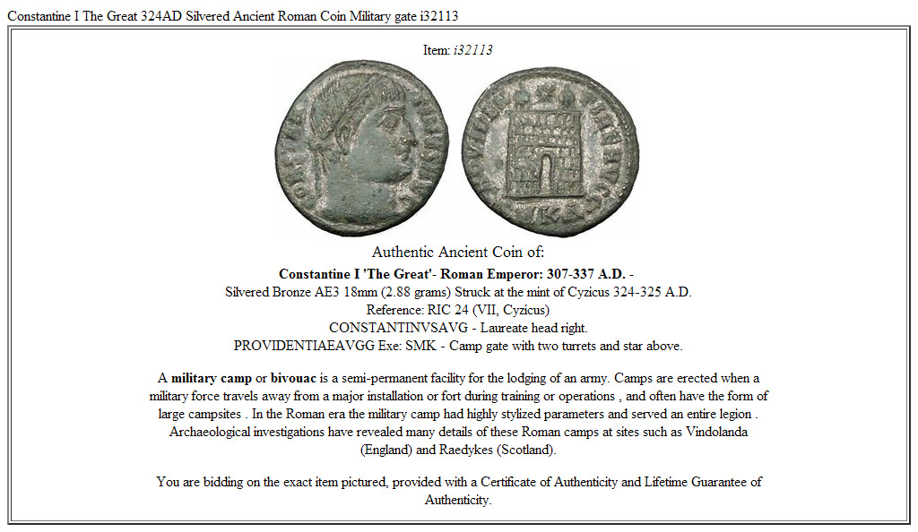 Constantine I The Great 324AD Silvered Ancient Roman Coin Military gate i32113