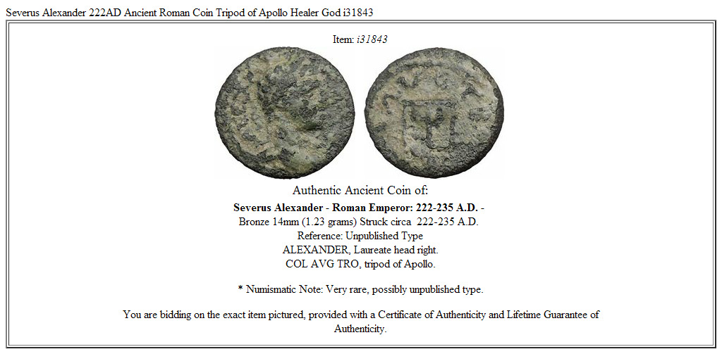 Severus Alexander 222AD Ancient Roman Coin Tripod of Apollo Healer God i31843