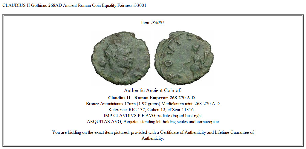 CLAUDIUS II Gothicus 268AD Ancient Roman Coin Equality Fairness i33001