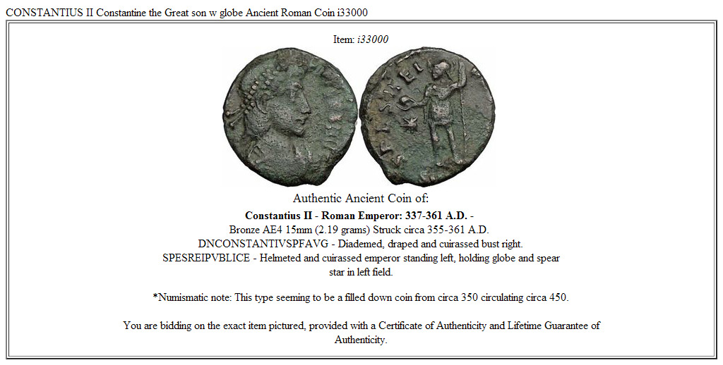 CONSTANTIUS II Constantine the Great son w globe Ancient Roman Coin i33000