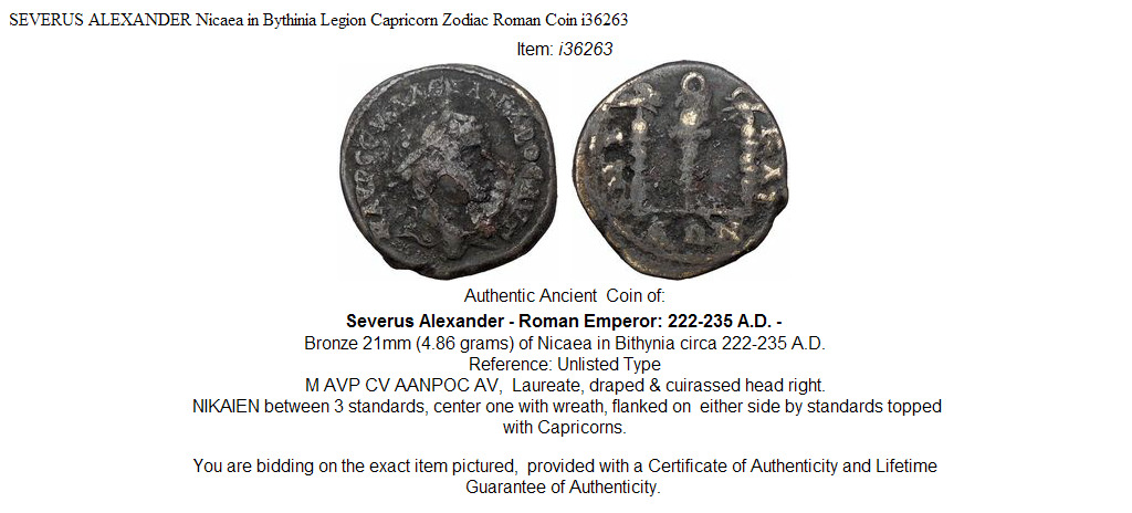SEVERUS ALEXANDER Nicaea in Bythinia Legion Capricorn Zodiac Roman Coin i36263