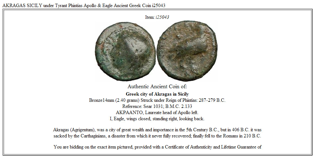 AKRAGAS SICILY under Tyrant Phintias Apollo & Eagle Ancient Greek Coin i25043