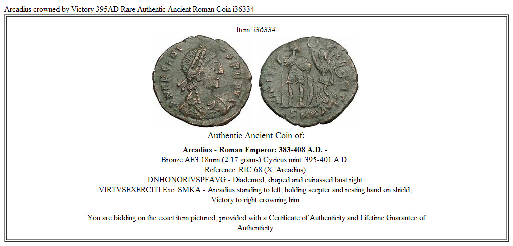 Arcadius crowned by Victory 395AD Rare Authentic Ancient Roman Coin i36334