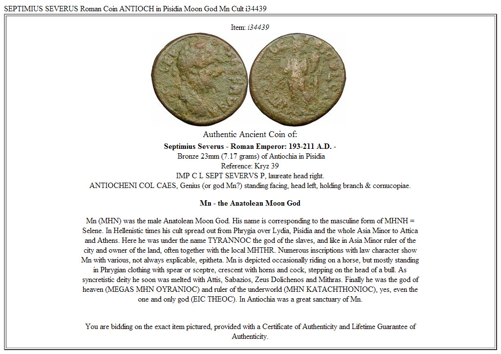 SEPTIMIUS SEVERUS Roman Coin ANTIOCH in Pisidia Moon God Mên Cult i34439