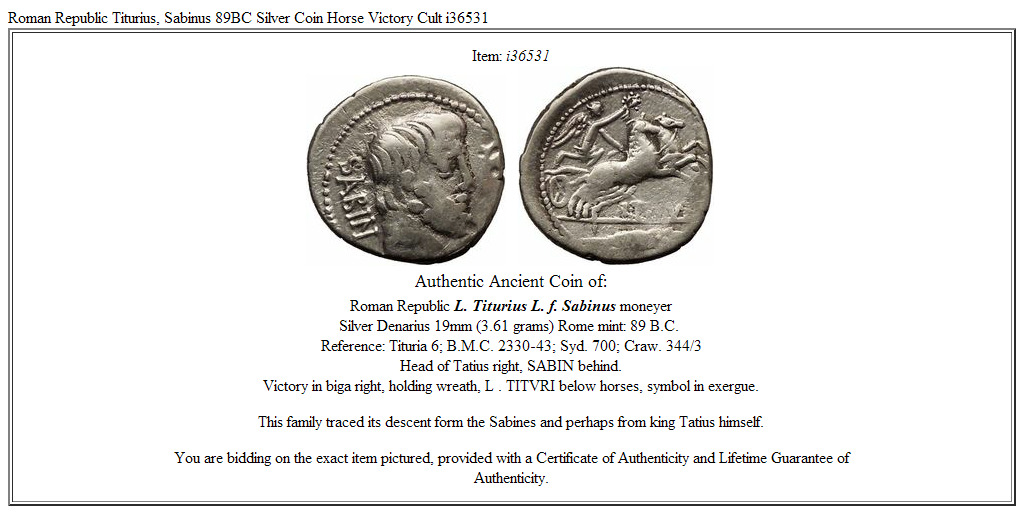 Roman Republic Titurius, Sabinus 89BC Silver Coin Horse Victory Cult i36531