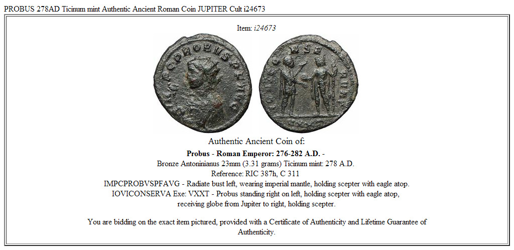 PROBUS 278AD Ticinum mint Authentic Ancient Roman Coin JUPITER Cult i24673