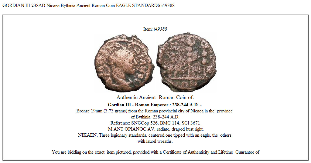 GORDIAN III 238AD Nicaea Bythinia Ancient Roman Coin EAGLE STANDARDS i49388