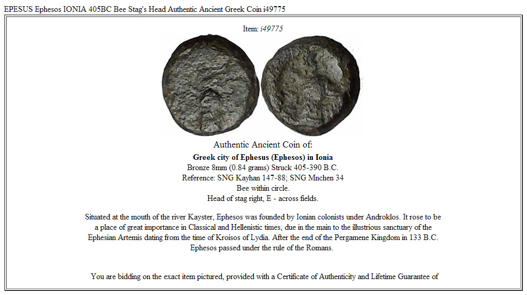 EPESUS Ephesos IONIA 405BC Bee Stag's Head Authentic Ancient Greek Coin i49775