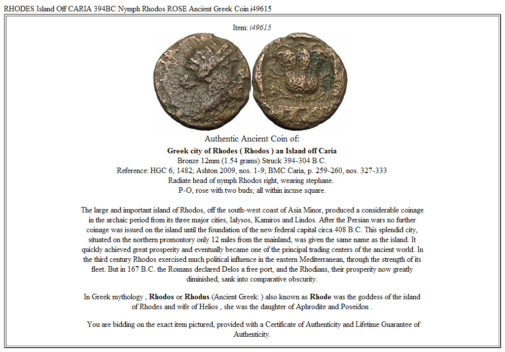 RHODES Island Off CARIA 394BC Nymph Rhodos ROSE Ancient Greek Coin i49615