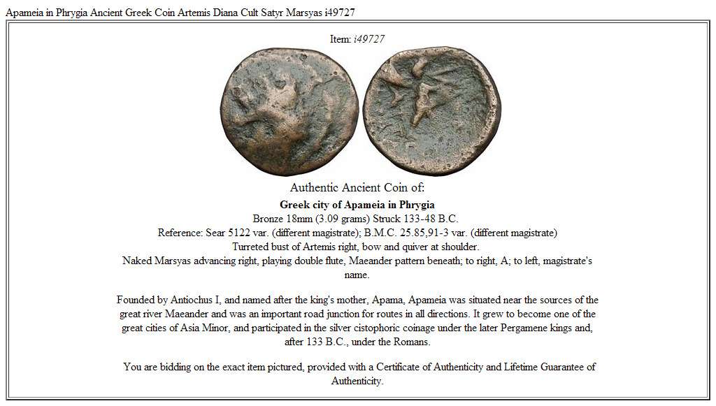 Apameia in Phrygia Ancient Greek Coin Artemis Diana Cult Satyr Marsyas i49727