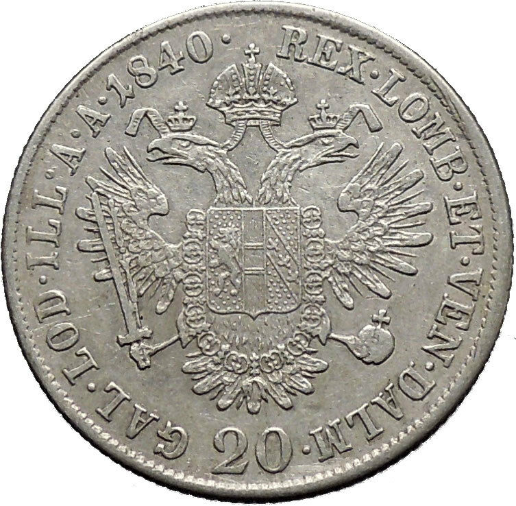 1840 Austria Emperor FERDINAND I Antique Silver Coin 20 Kreuzer Eagle i49125