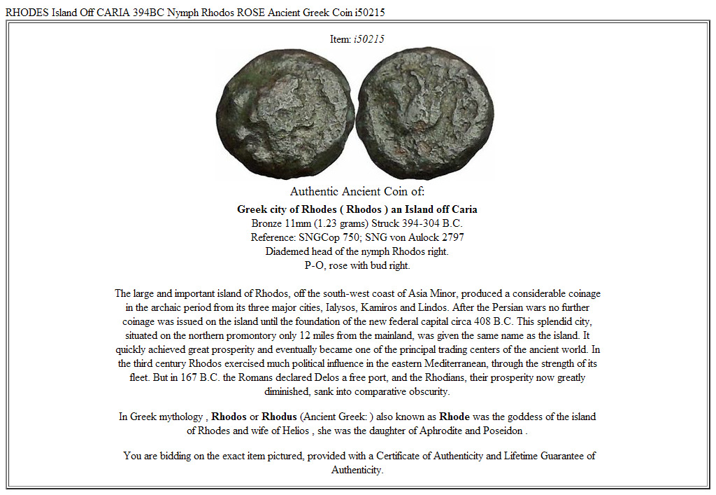 RHODES Island Off CARIA 394BC Nymph Rhodos ROSE Ancient Greek Coin i50215