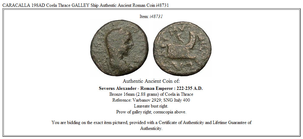 CARACALLA 198AD Coela Thrace GALLEY Ship Authentic Ancient Roman Coin i48731